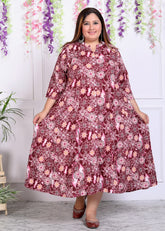 Plus Size Maroon Cotton Blend  Printed Aline Kurta-400036